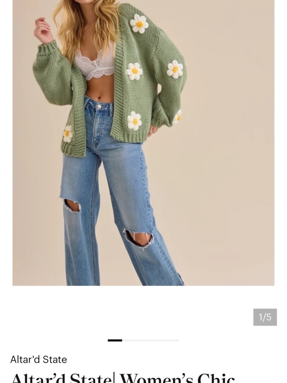 Altar'd State blue  Daisy Appliqué Knit Cardigan